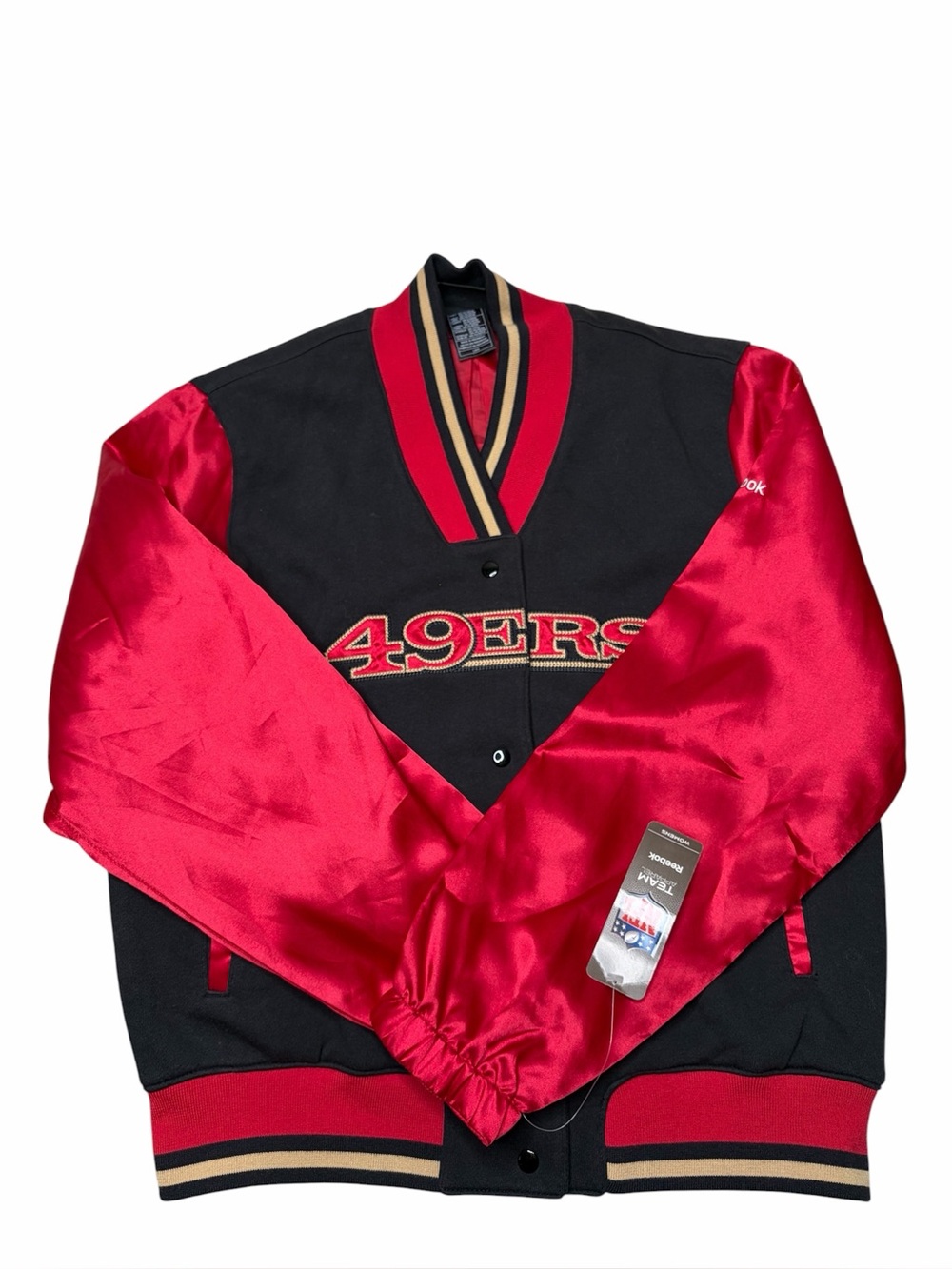 🏈🏟️ NEW Women’s San Francisco 49ers Reebok satin sleeve bomber jacket size large